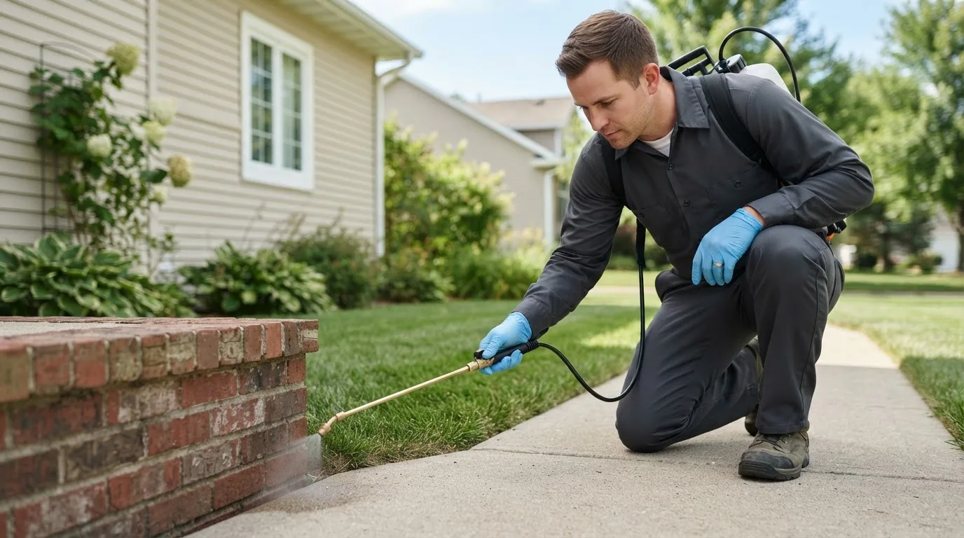 Pest control technician treating a home near Penfield, NY