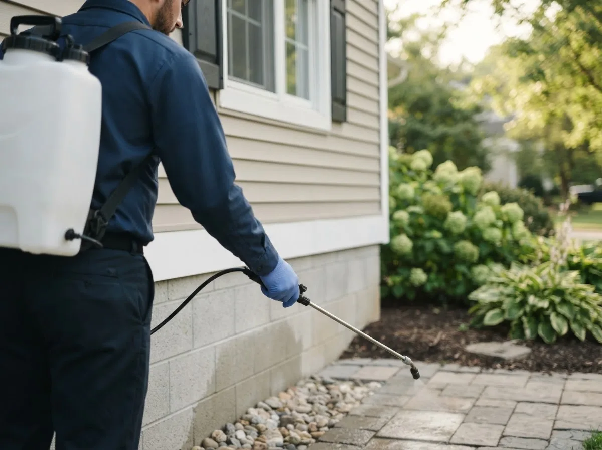 Pest control technician inspecting a home in Penfield, NY